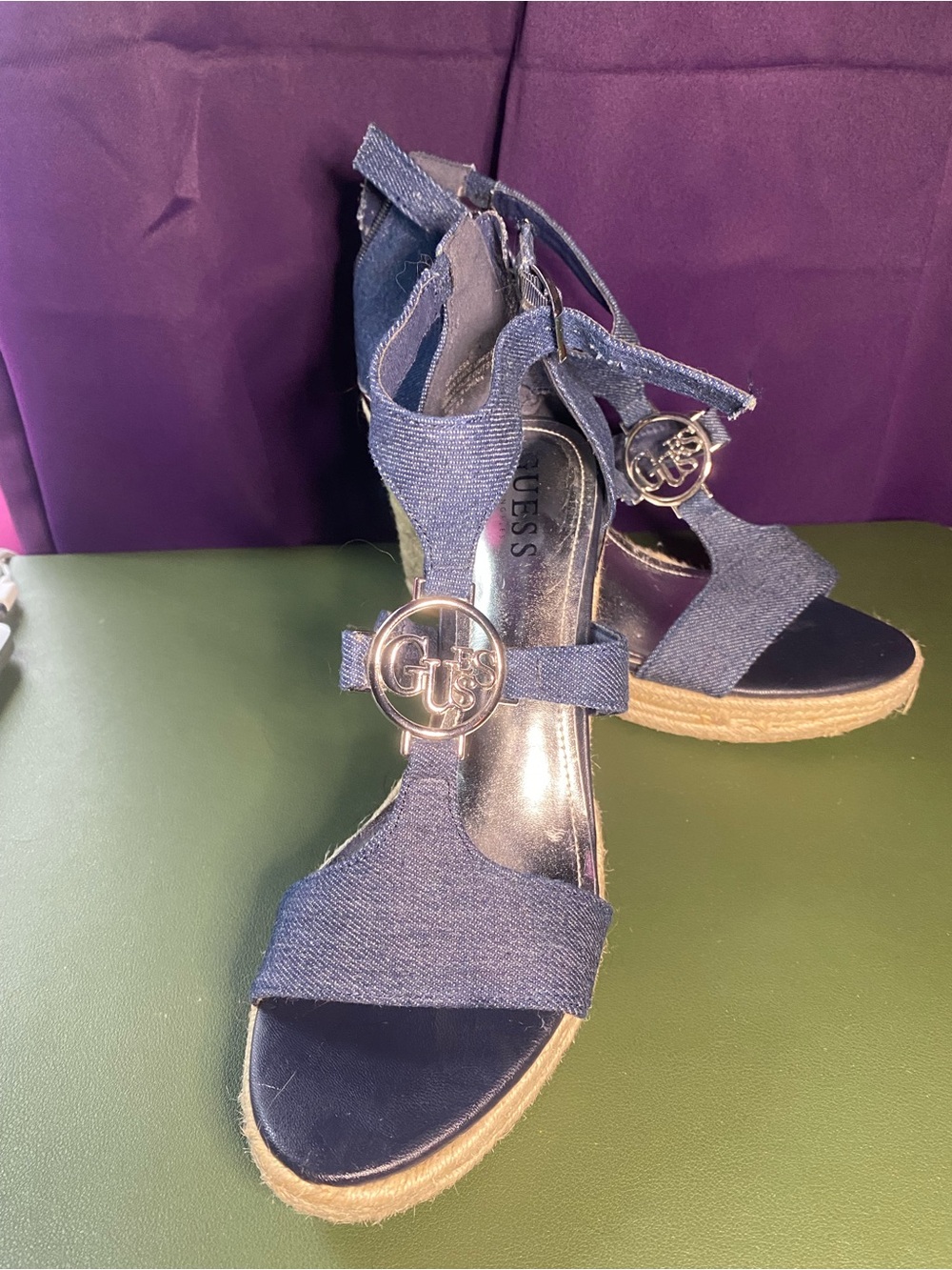 GUESS Denim Blue Wedge Sandals with Logo Accent